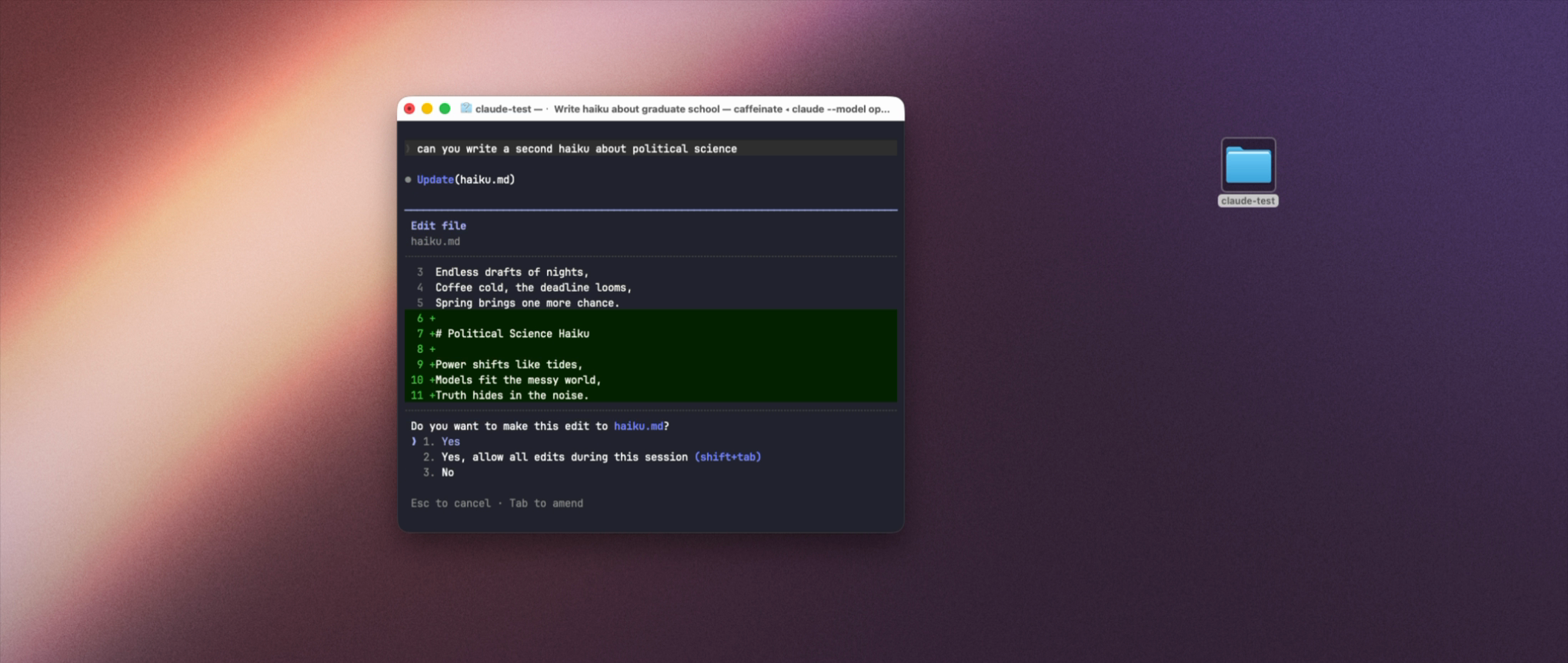 Claude Code permission prompt asking to approve an edit to haiku.md