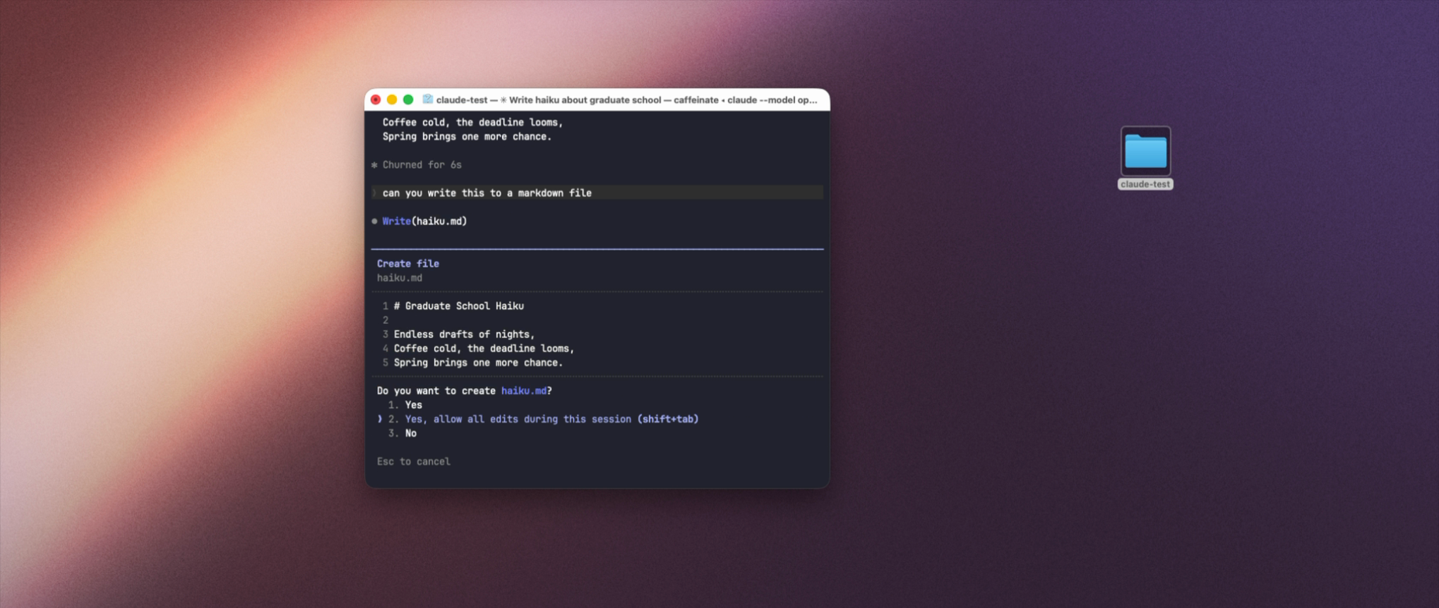Claude Code permission prompt asking to approve creating haiku.md