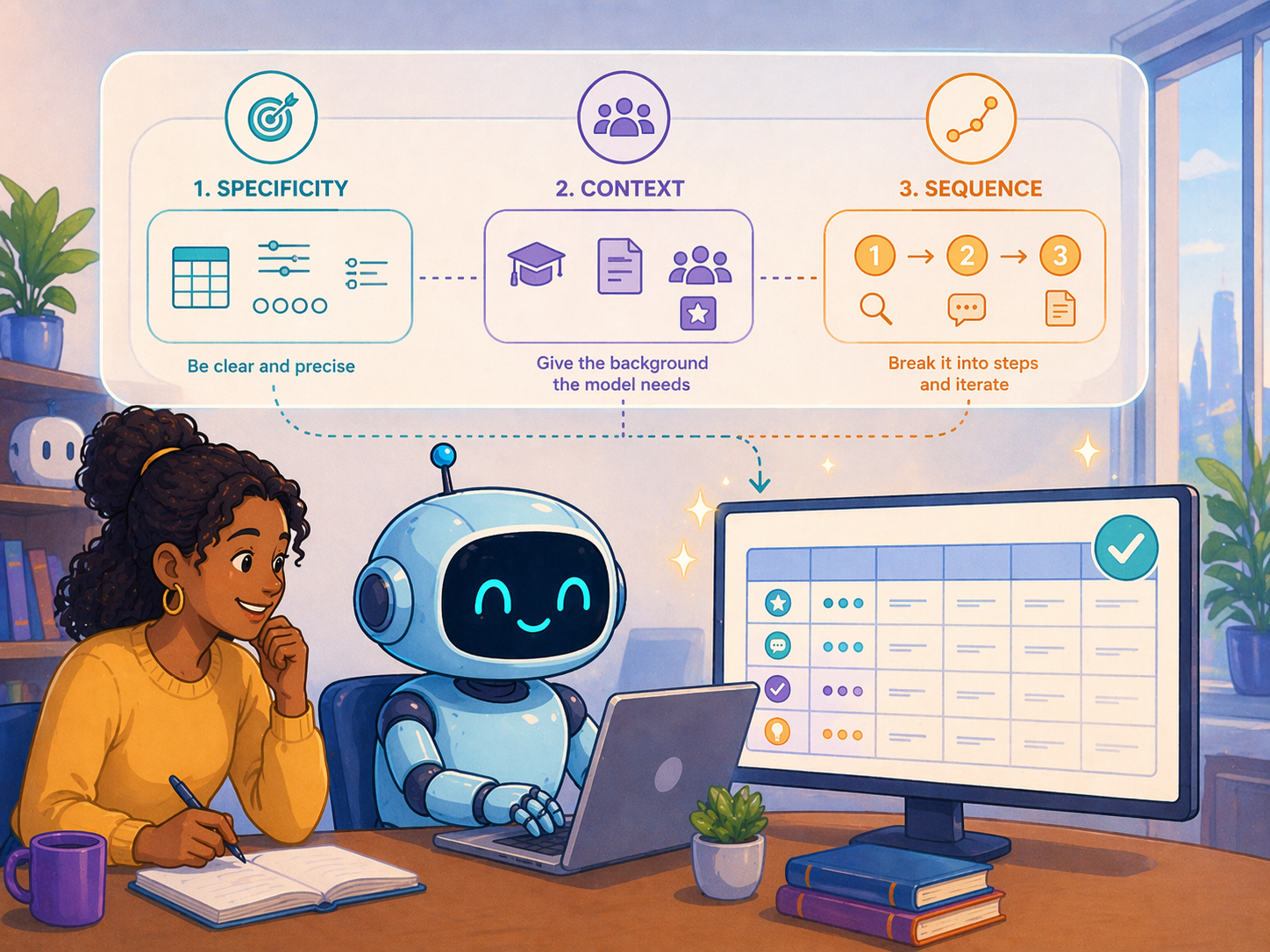 Three principles for prompting: be specific, provide background, sequence the work