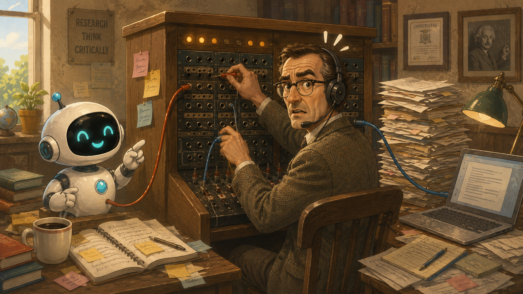 A vintage telephone switchboard operator patching connections between a robot and a laptop by hand